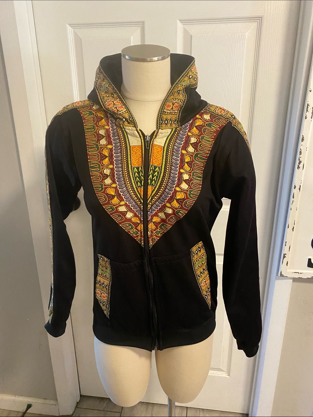 Black Zip-Up Hoodie with Colorful Dashiki Print
